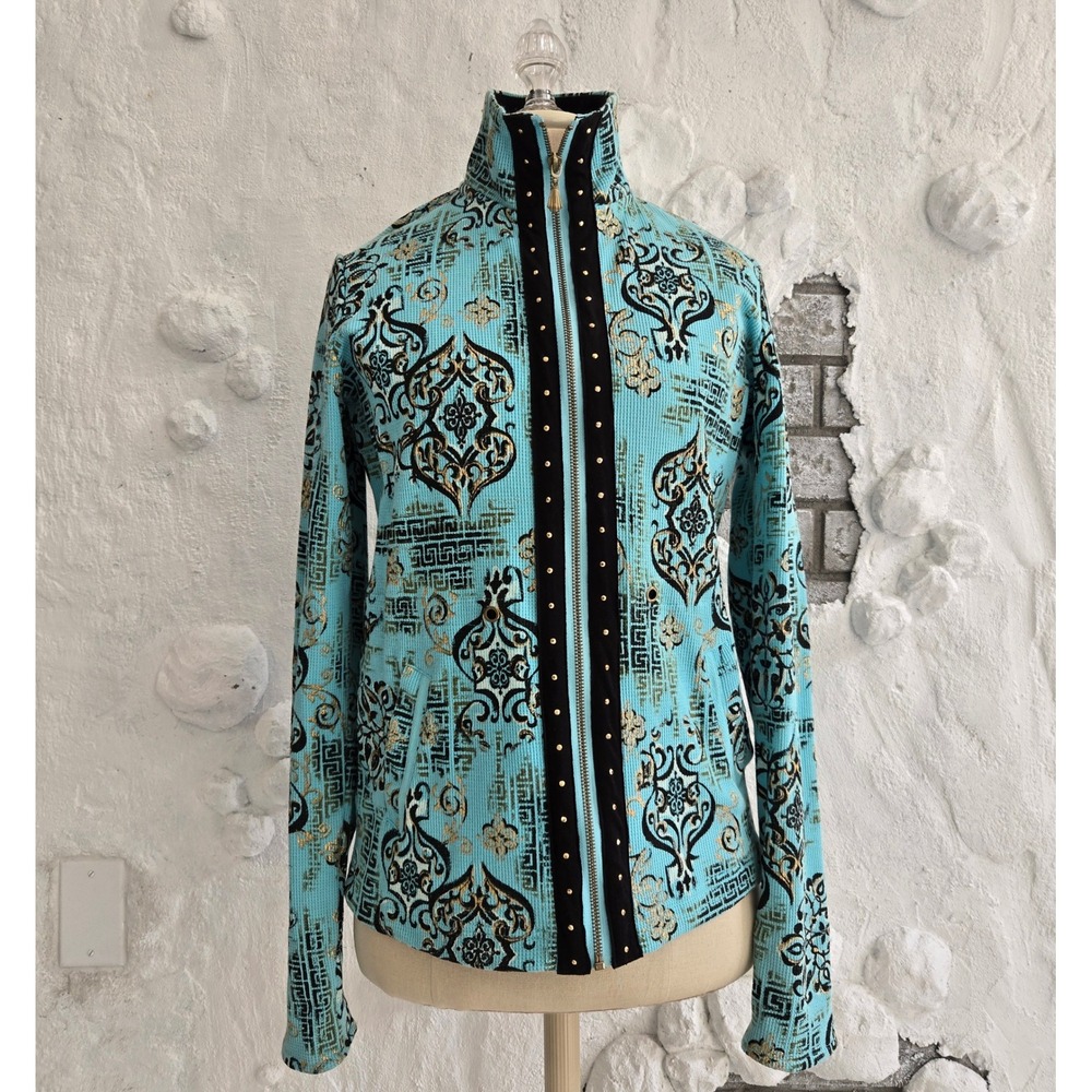 Onque Casuals Turquoise Baroque Damask Studded Velvet Trim Zip Jacket Womens S